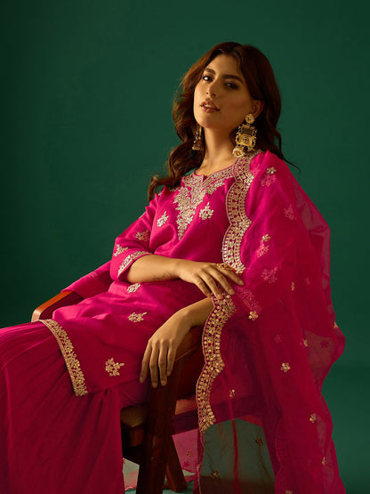 Indyancart VA Women Ethnic Motifs Embroidered Kurta with Sharara & Dupatta
