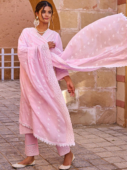 Women Ethnic Motifs Embroidered Regular Chikankari Pure Cotton Kurta with Trousers & With Dupatta