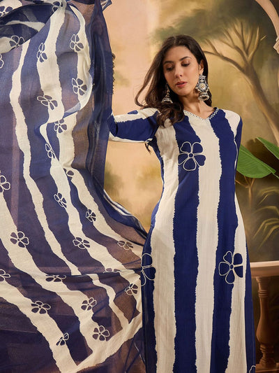 Indyancart SN Women's Floral Printed V-Neck Pure Cotton Straight Kurta With Trousers And Dupatta