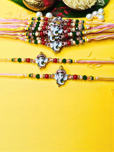 Indyancart Set Of 12 Beaded Cotton Thread with AD Stones & Meenakari Designer Rakhi for Brother