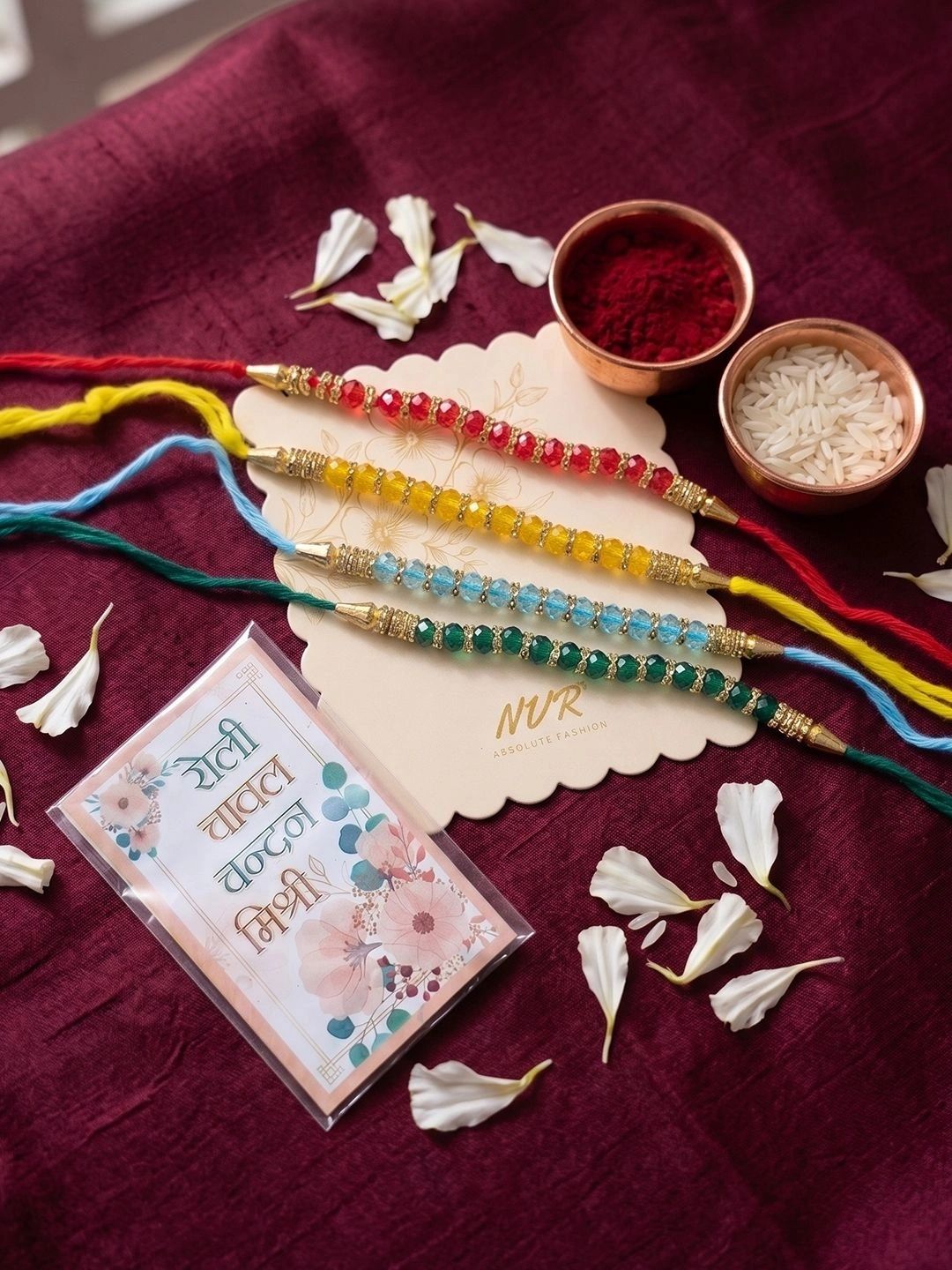 Anouk Set Of 4 Multicolor Artificial Beads Thread Rakhi With Roli Chawal Chandan Mishri