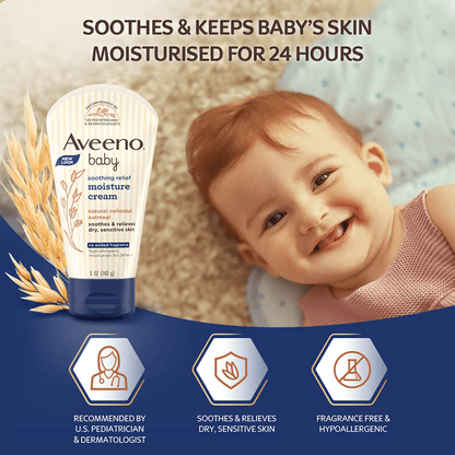 Aveeno Baby Soothing Relief Face and Body Moisture Cream with oatmeal for dry, sensitive skin, shown in a tube.