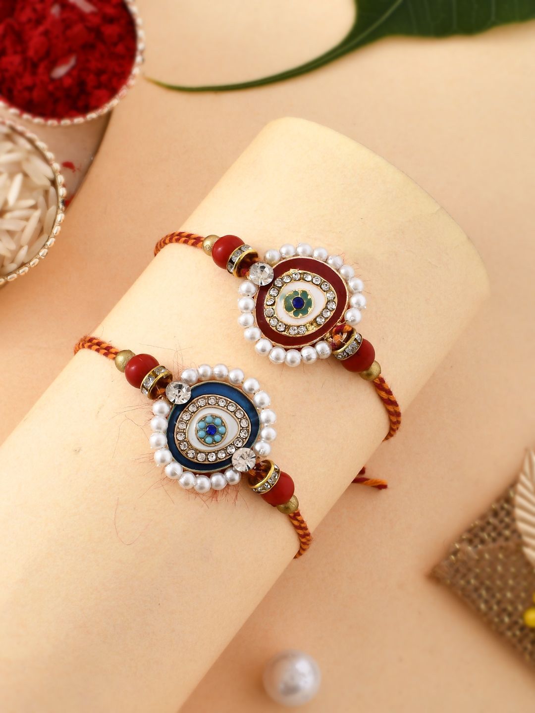 Anouk Set Of 2 White Pearl-Beaded Rakhi With Roli Rice & Greeting Card