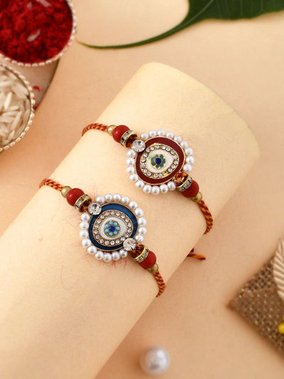 Indyancart Set Of 2 White Pearl-Beaded Rakhi With Roli Rice & Greeting Card