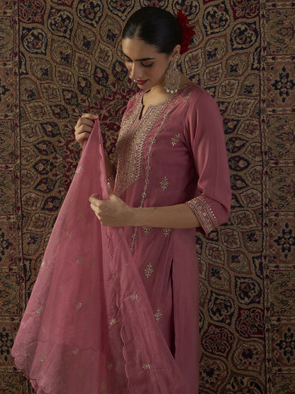 Indyancart IE Ethnic Motifs Embroidered Regular Straight Kurta With Palazzos & Dupatta