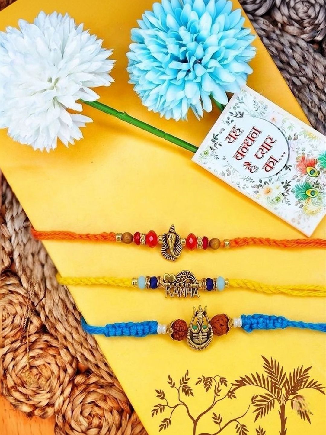 Anouk Set Of 3 Rudraksh Religious Rakhi Thread Rakhi Roli Chawal Chandan Mishri