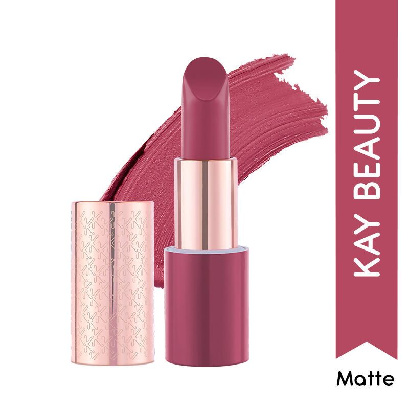 Kay Beauty Matte Drama Long Stay Lipstick in Rehearsal shade, showing the lipstick tube with a matte finish and vibrant pink color.