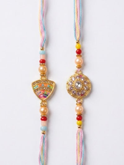 Dhiyona Set Of 2 Gold Toned Artificial Stones & Beads Thread Rakhi With Roli Chawal Chandan