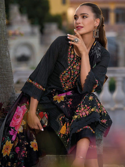 Indyancart IE Floral Embroidered Regular Thread Work Pure Cotton Kurta With Trousers & Dupatta