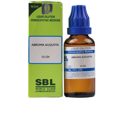 SBL Homeopathy Abroma Augusta Dilution bottle, wellness remedy, clear label with dropper cap, on a white background.