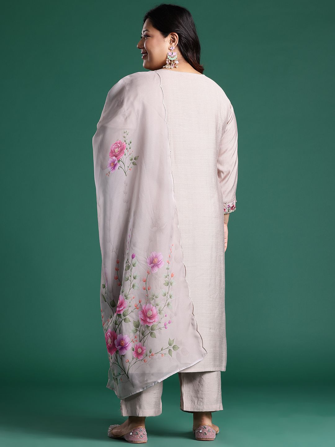 Indyancart Women's Floral Embroidered Regular Thread Work Round Neck Kurta with Trousers & Dupatta