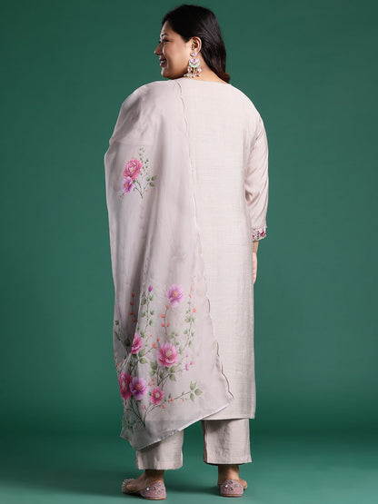 Indyancart Women's Floral Embroidered Regular Thread Work Round Neck Kurta with Trousers & Dupatta