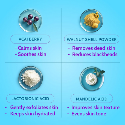 Chemist At Play gentle exfoliating face scrub with mandelic acid and walnuts, showing textured scrub particles in container.