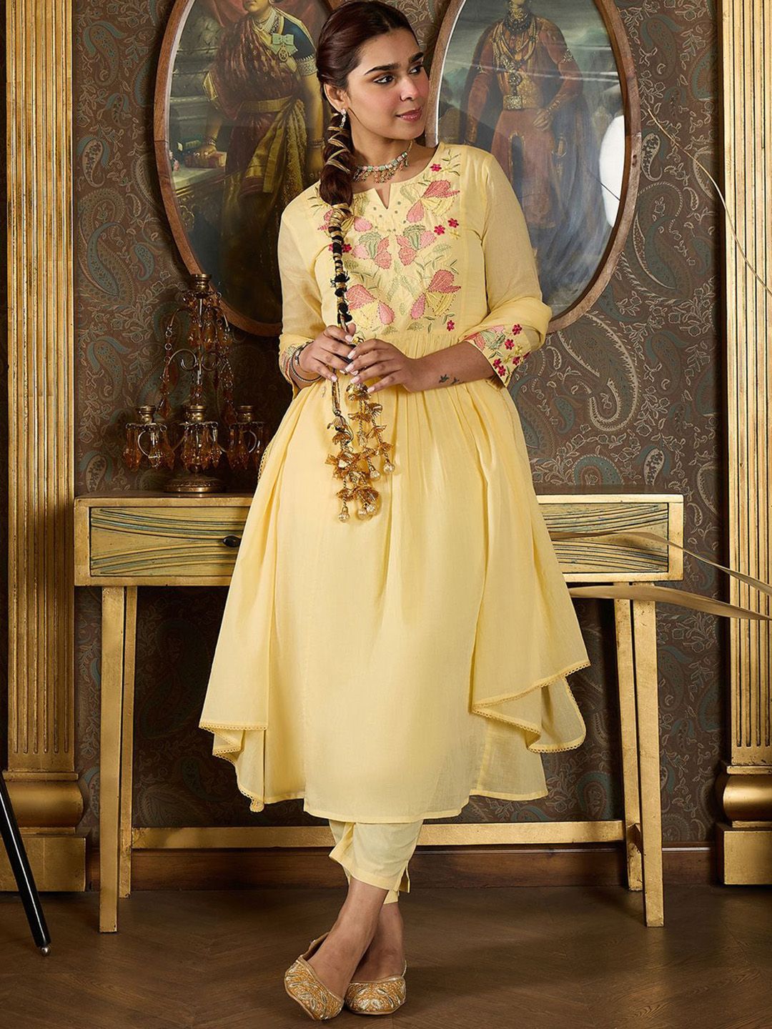Embroidered Notch Neck Panelled A Line Pure Cotton Kurta With Trousers & Dupatta