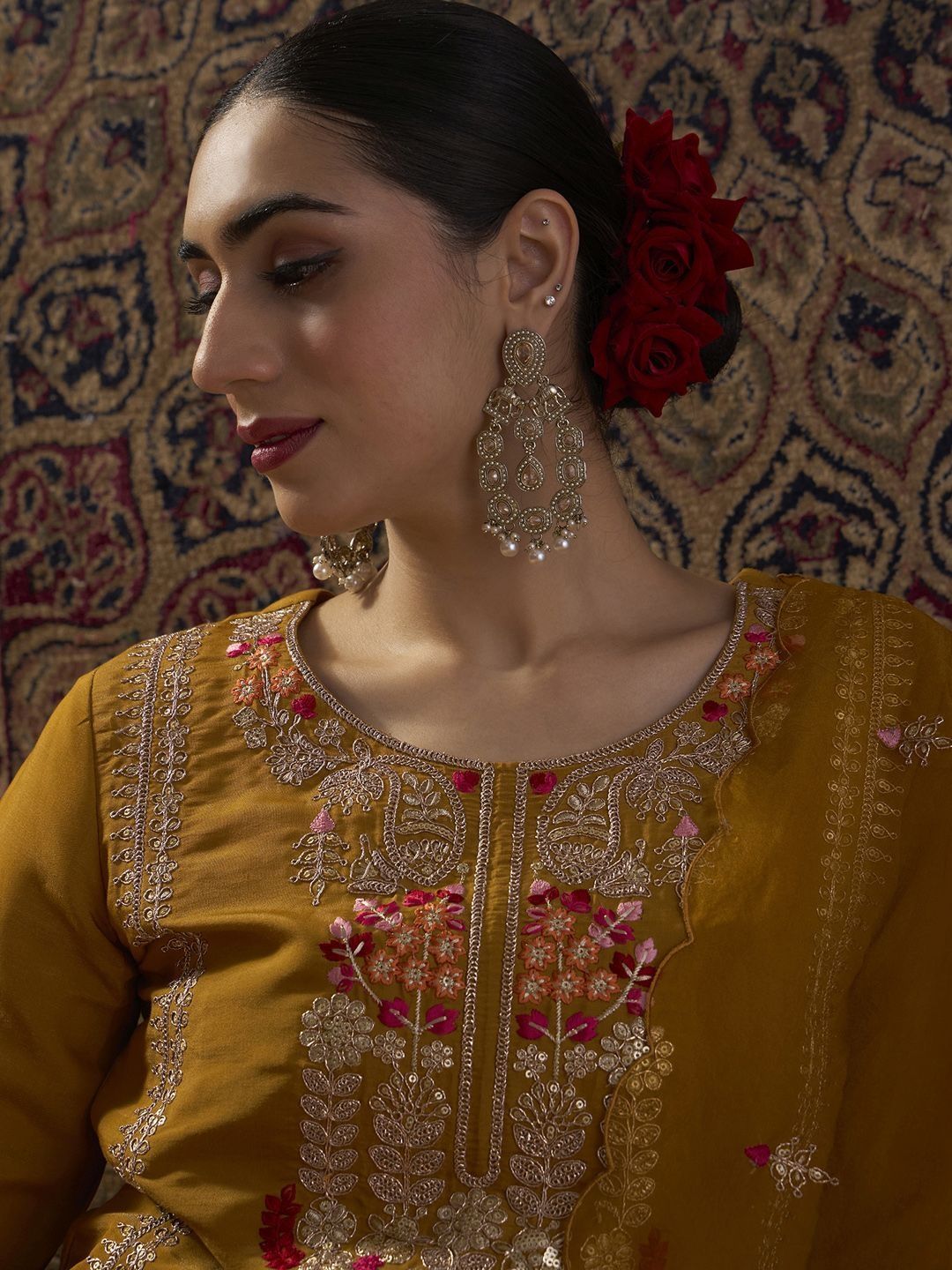 Floral Embroidered Thread Work Straight Kurta With Palazzo & Dupatta