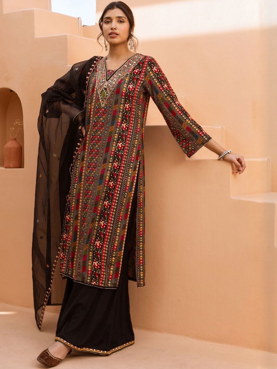 Women Ethnic Motifs Embroidered Regular Mirror Work Kurta with Palazzos & Dupatta