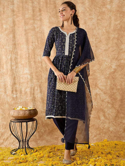 Indyancart IE Bandhani Printed A-Line Kurta with Trousers & Dupatta