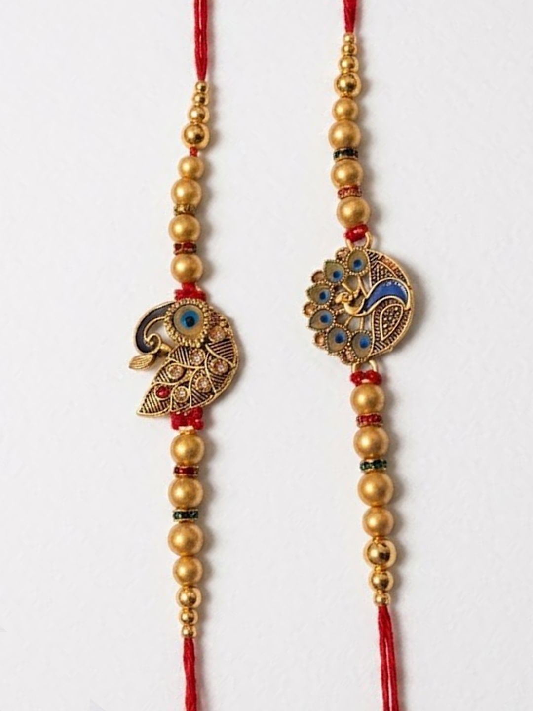 Anouk Set Of 2 Peacock & Ghungroo Design Multicolor Thread Rakhi With Roli Chawal Chandan