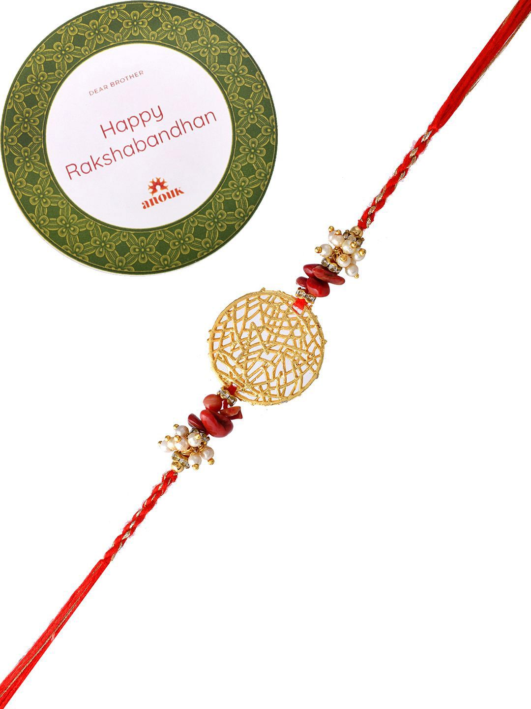 Anouk Gold-Toned Pearl-Beaded Rakhi With Roli Chawal & Greeting Card