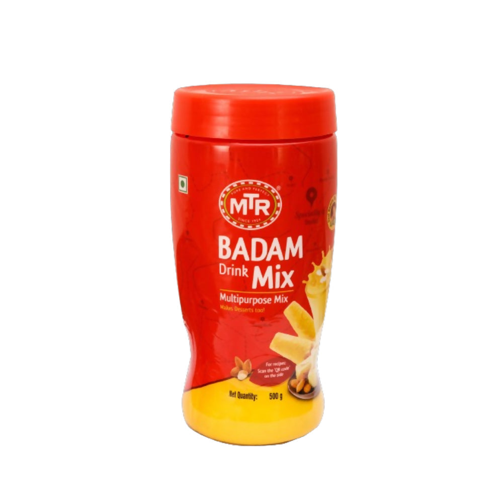 MTR Badam Drink Mix instant powder in a jar, ready to prepare a creamy almond-flavored beverage.