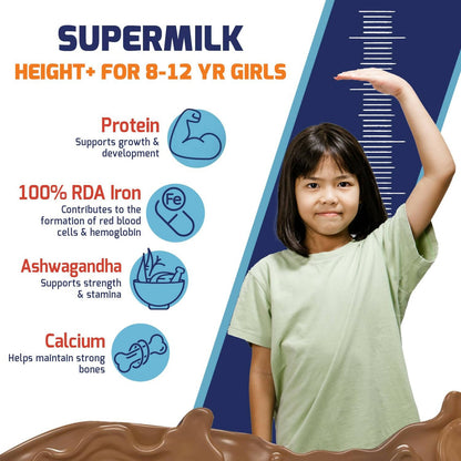 Gritzo SuperMilk Height+ Health Drink for 8-12y Girls - Double Chocolate Flavor - Indyancart