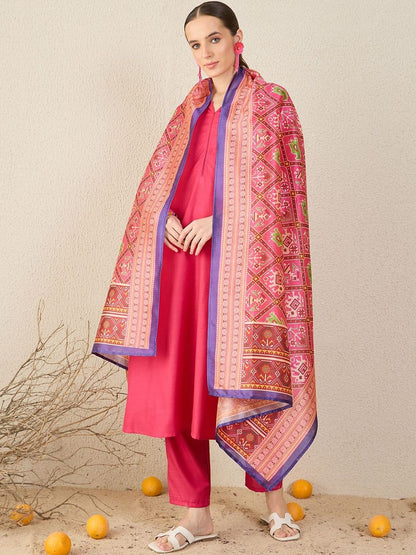 Notch Neck A-Line Kurta With Trousers & Dupatta Set