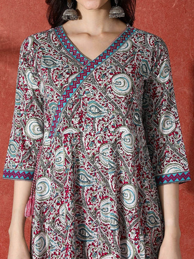Indyancart SN Women's Paisley Printed & Embroidered Pure Cotton A-Line Kurta & Trousers With Dupatta