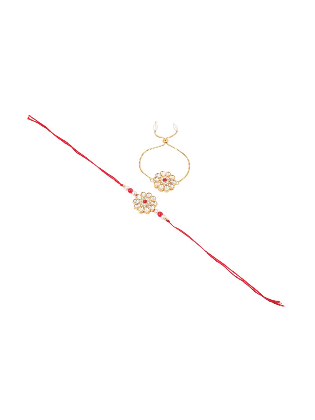 Anouk Set Of 2 Gold Toned Kundan Floral Design Bhaiya Bhabhi Rakhi Set With Roli Chawal