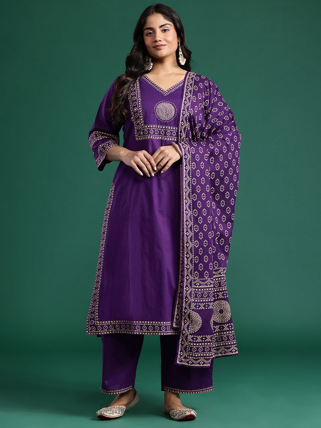 Indyancart Women's Ethnic Motifs Print Mirror Work Pure Cotton Kurta with Palazzos & Dupatta