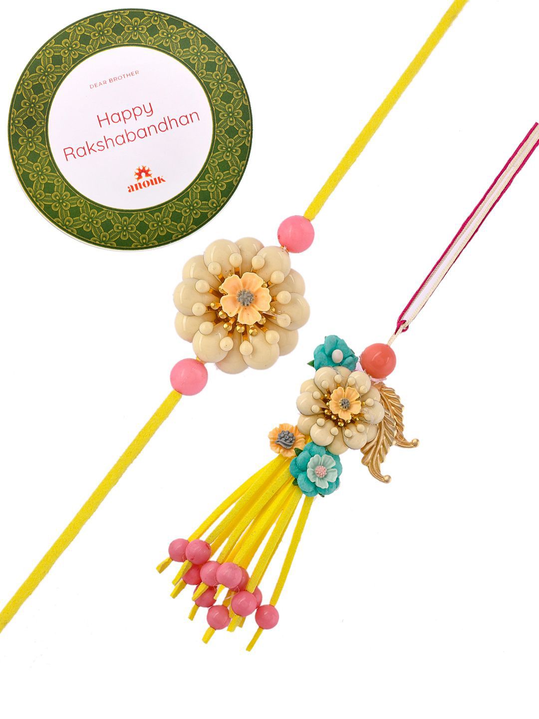 Anouk Yellow Beaded Bhaiya Bhabhi Rakhi With Roli Chawal & Greeting Card