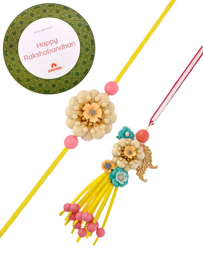 Indyancart Yellow Beaded Bhaiya Bhabhi Rakhi With Roli Chawal & Greeting Card