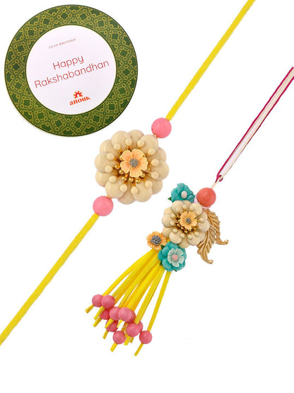 Anouk Yellow Beaded Bhaiya Bhabhi Rakhi With Roli Chawal & Greeting Card