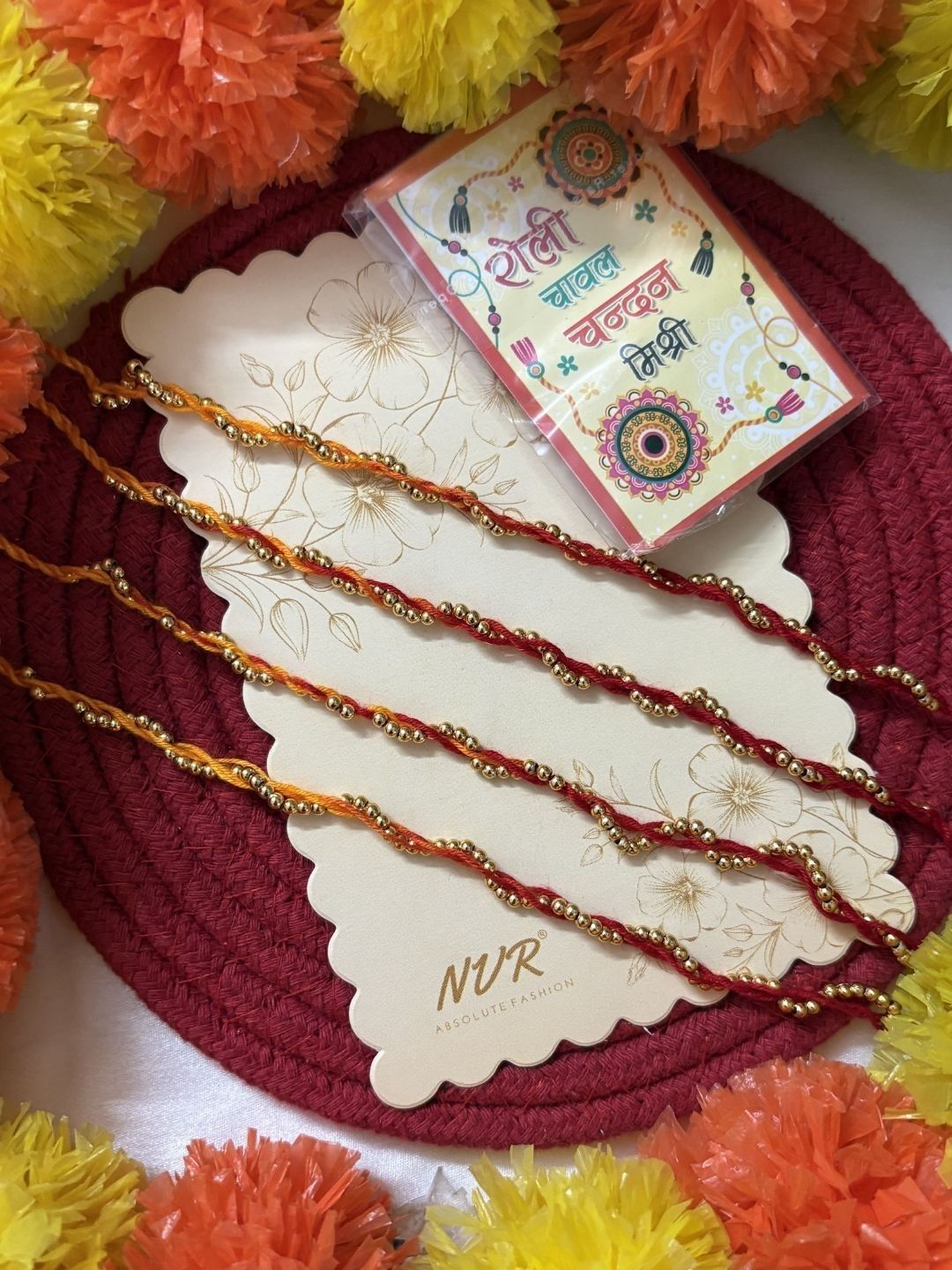 Anouk Set Of 4 Yellow & Red Thread Rakhi With Roli Chawal Chandan Mishri