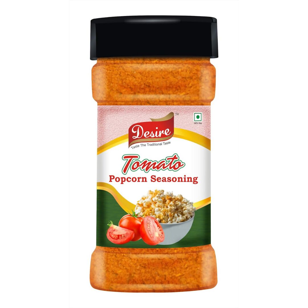 Desire Tomato Popcorn Seasoning Powder in a jar, spicy masala powder for flavoring popcorn and snacks.