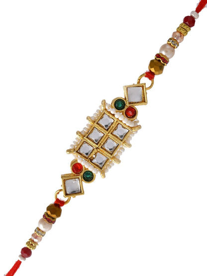 Anouk Red Mirror & Pearl-Beaded Rakhi With Roli Chawal & Greeting Card