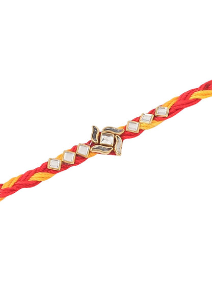 Anouk Men Set Of 6 Red & Yellow Kundan Studded Floral Design Thread Rakhi With Roli Chawal