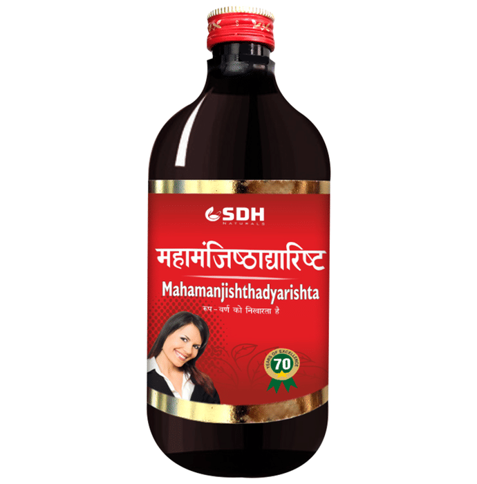 Bottle of SDH Naturals Mahamanjishthadyarishta Ayurvedic syrup with herbal ingredients in a clear glass bottle.