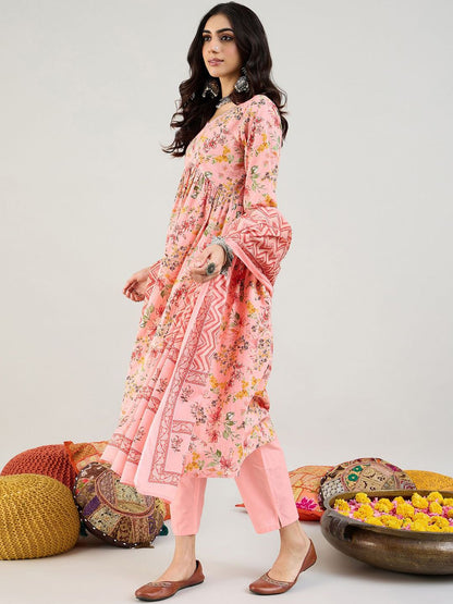 Indyancart IE Pink Floral Printed Mirror Work Pure Cotton Empire Kurta with Trouser & Dupatta