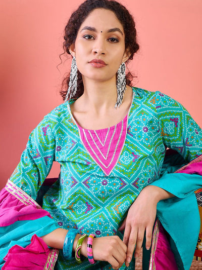 Indyancart SN Women's Bandhani Printed Pure Cotton Round Neck Kurta With Trousers & Ruffled Dupatta