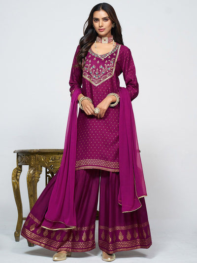 Indyancart SN Women's Embroidered Round Neck Straight Kurta & Sharara With Dupatta