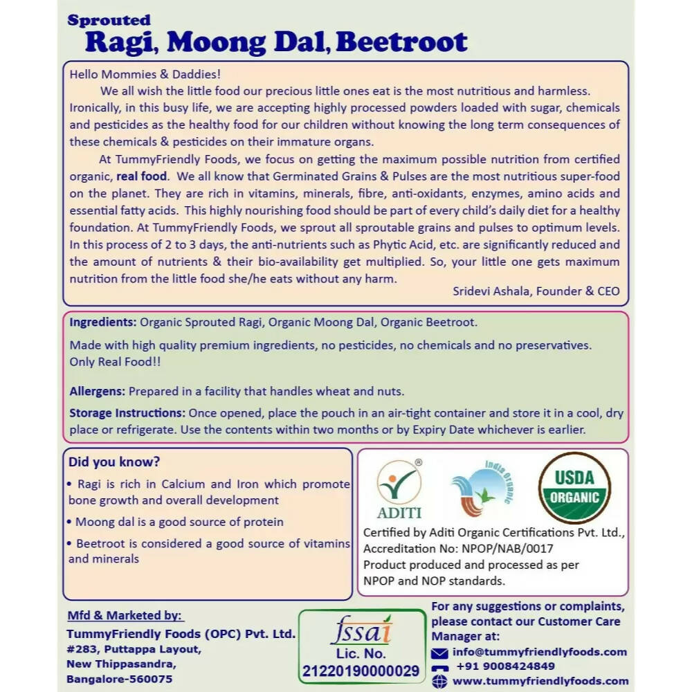TummyFriendly Foods Organic Sprouted Ragi, Moong Dal, Beetroot Porridge Mix