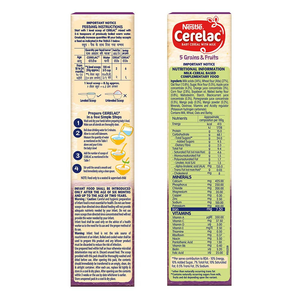 Nestle Cerelac Baby Cereal with Milk, 5 Grains & Fruits – From 18 to 24 Months - Indyancart
