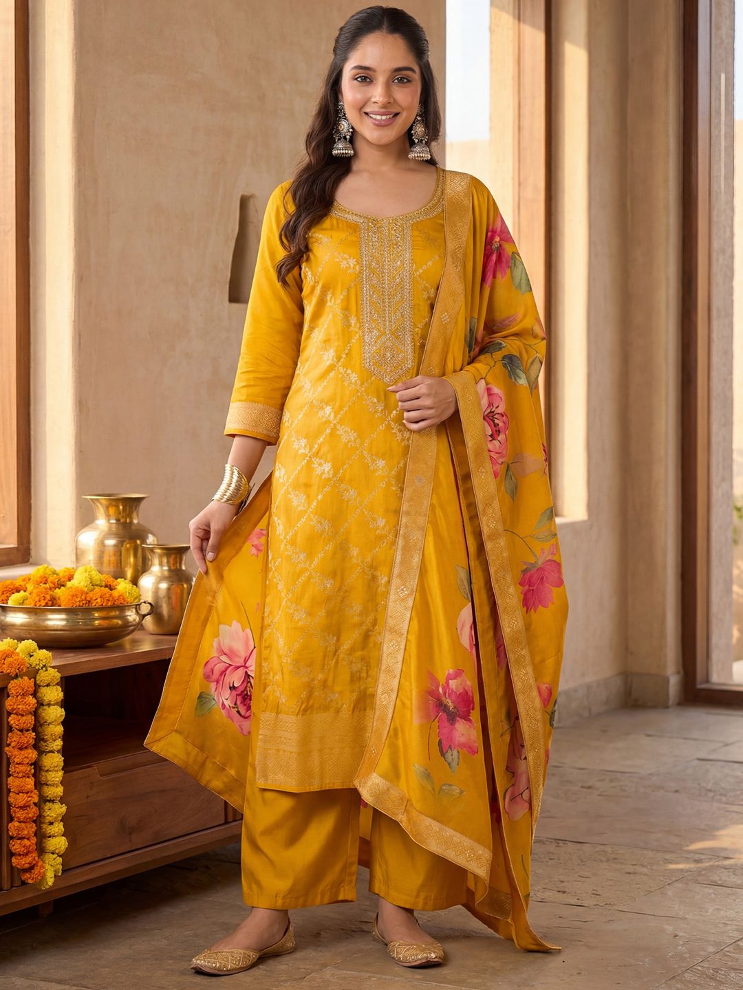 Indyancart IE Women Regular Thread Work Kurta with Palazzos & With Dupatta