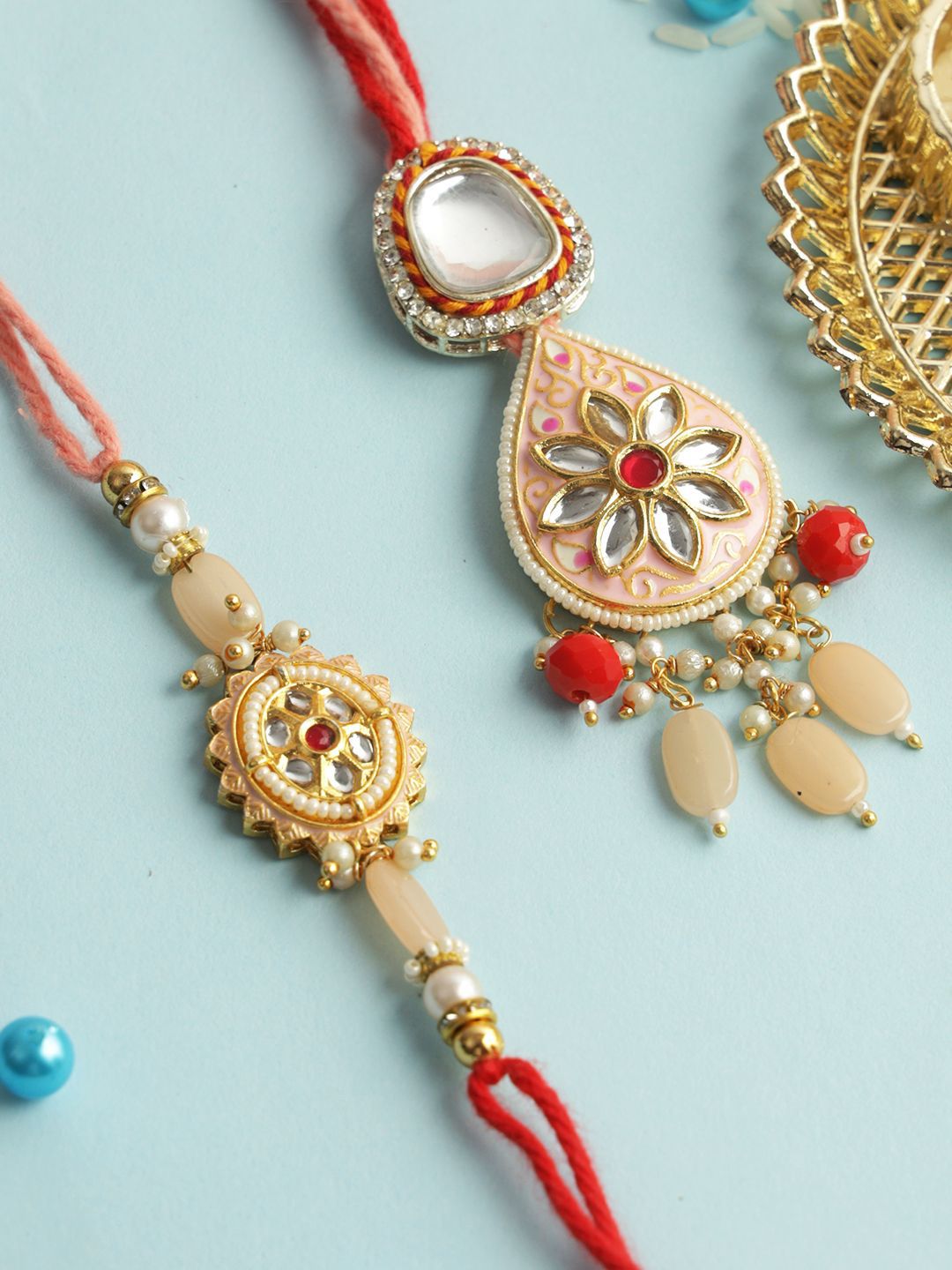 Anouk Red Stone Studded & Beaded Bhaiya Bhabhi Thread Rakhis With Roli Chawal