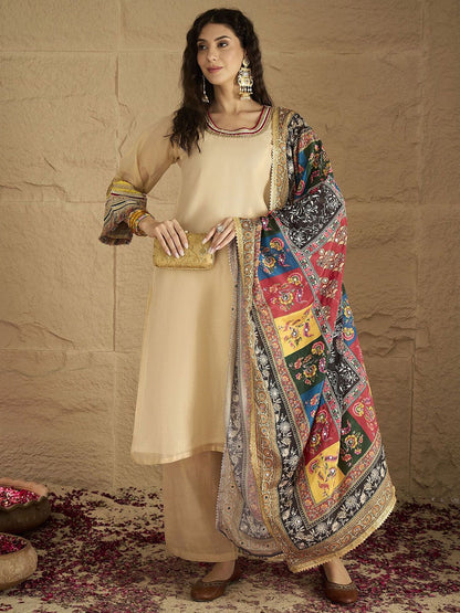 Indyancart VA Yoke Design Round Neck Straight Kurta With Palazzos And Dupatta