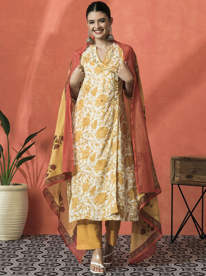 Indyancart SN Women's Floral Printed Mandarin Collar Pure Cotton A-Line Kurta With Trouser & Dupatta