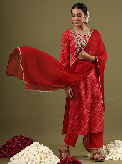 Dhiyona IE Women Leheriya Embroidered Regular Thread Work Kurta with Palazzos & With Dupatta