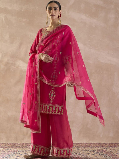 Ethnic Motifs Embroidered Round Neck Zari Kurta With Palazzos & Dupatta