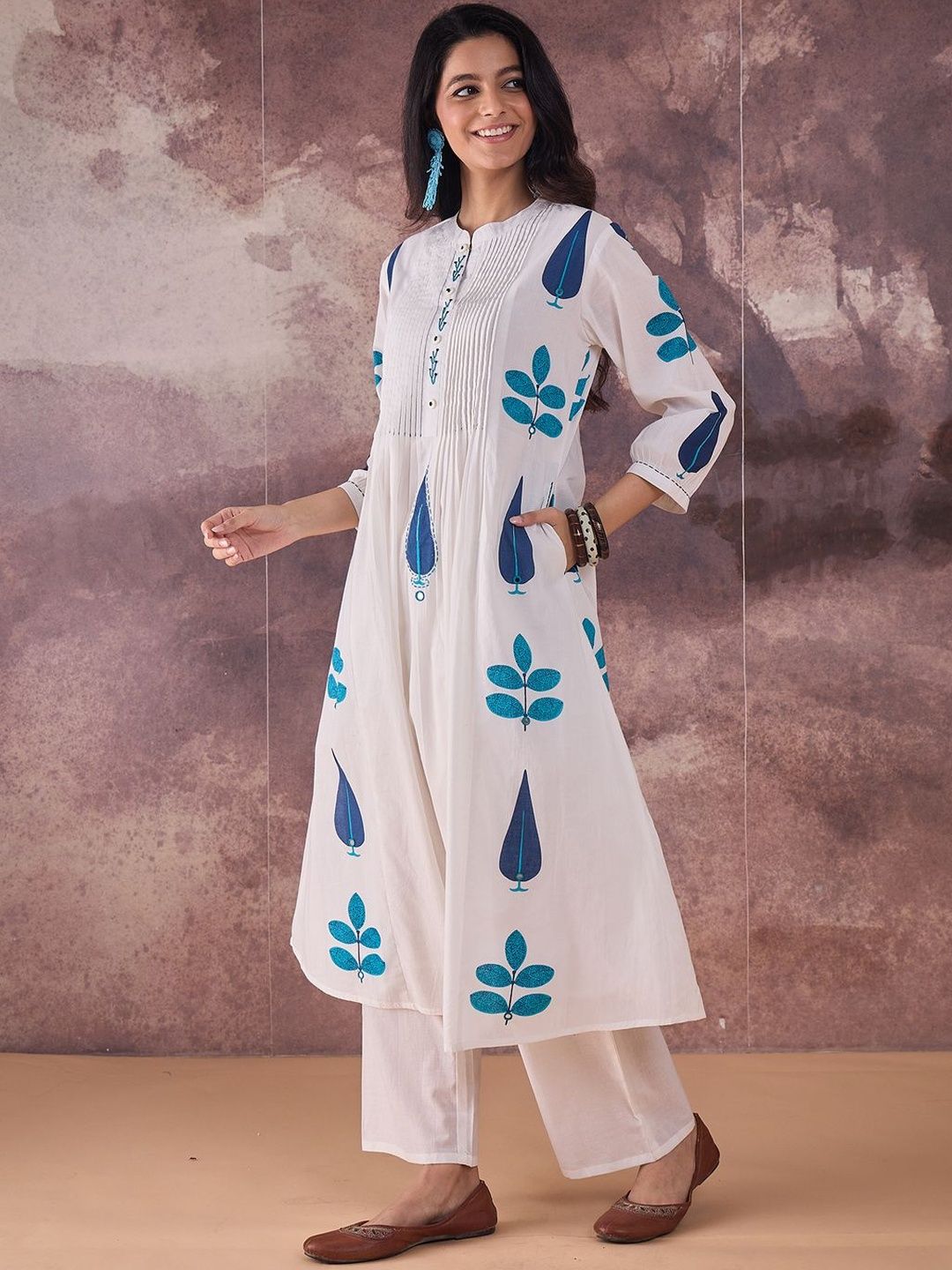 Ethnic Motifs Printed Band Collar Thread Work Pure Cotton Kurta With Trousers