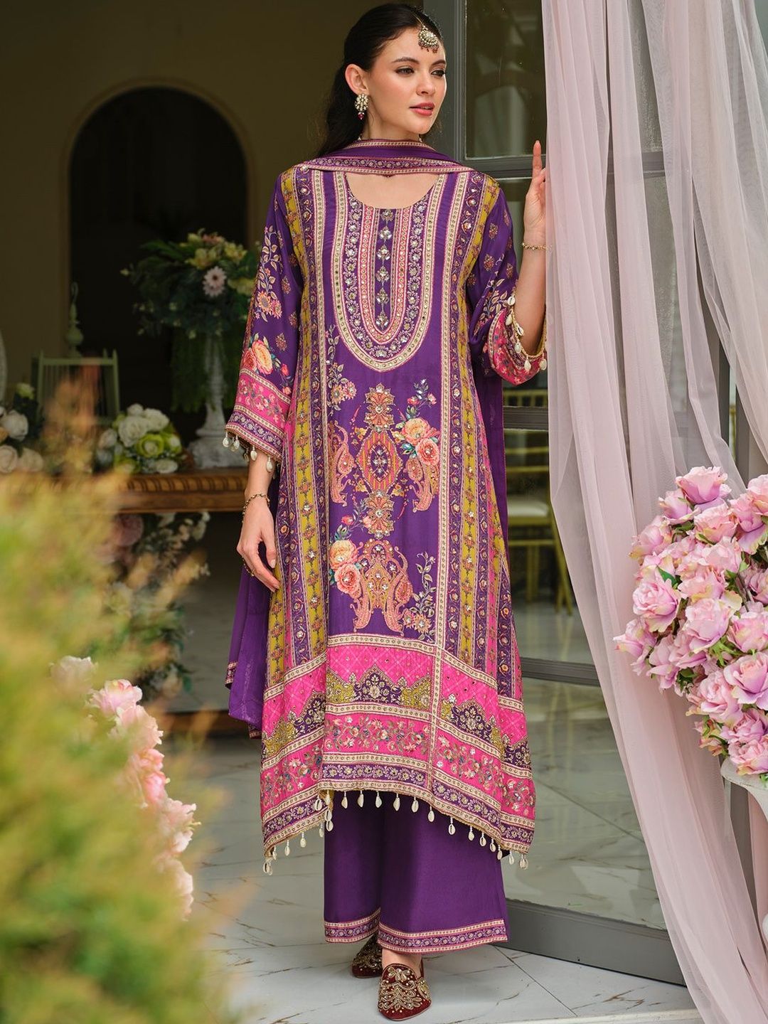 Indyancart IE Ethnic Motifs Printed Round Neck Mirror Work Silk Kurta With Palazzos & Dupatta